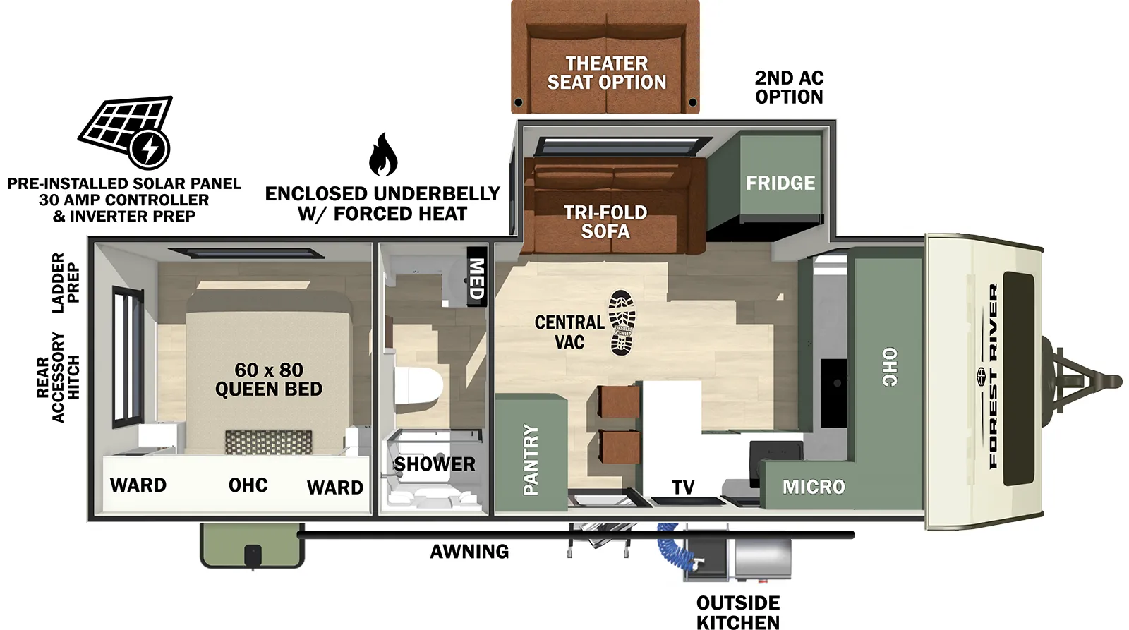 The No Boundaries NB20.5 floorplan has one entry and one slide out. Exterior features include: fiberglass exterior, 19' awning and outside kitchen. Interiors features include: front kitchen, rear bedroom and pass through bathroom.